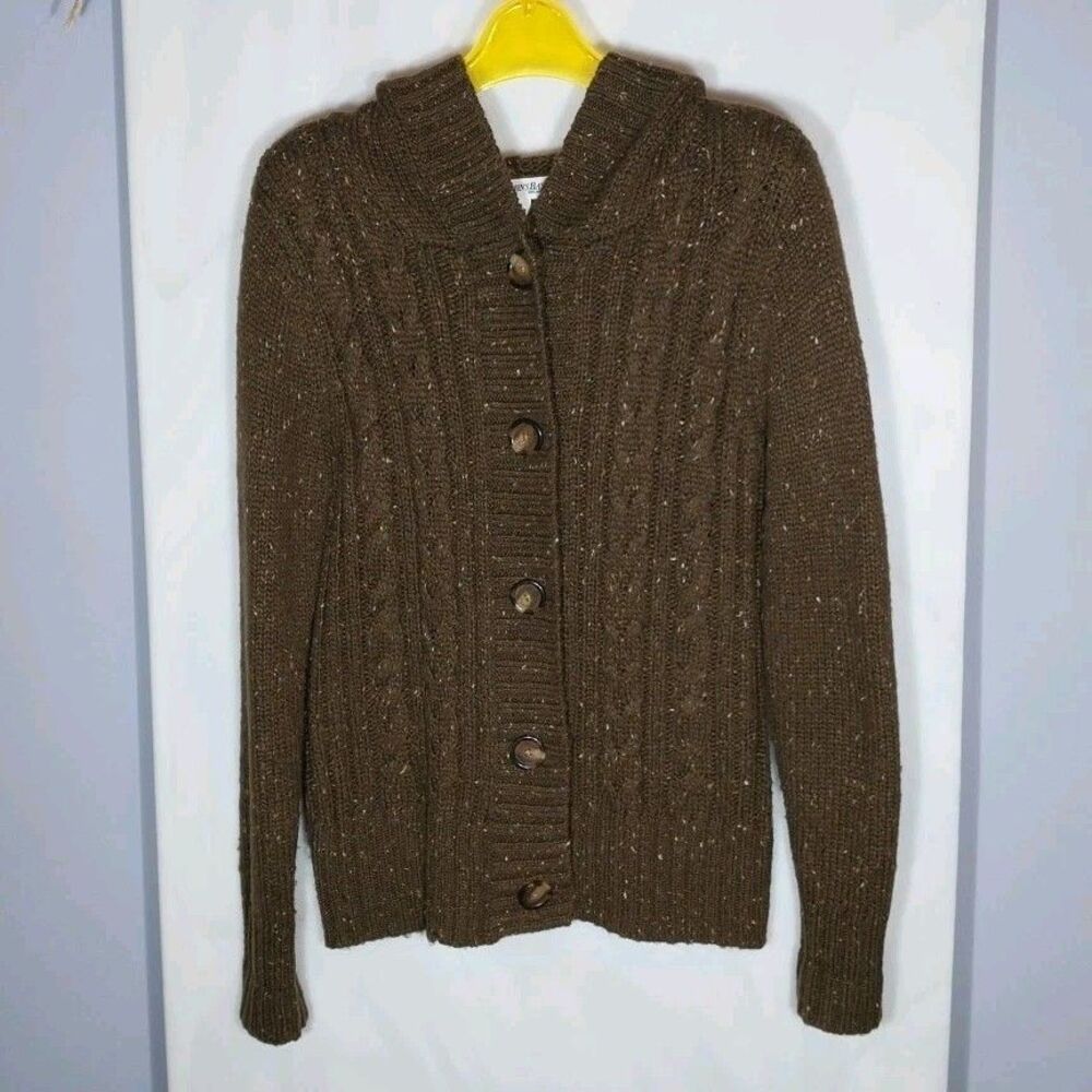 St Johns Bay Womens Hooded Cardigan M Brown Button Front Cozy Knit Sweater